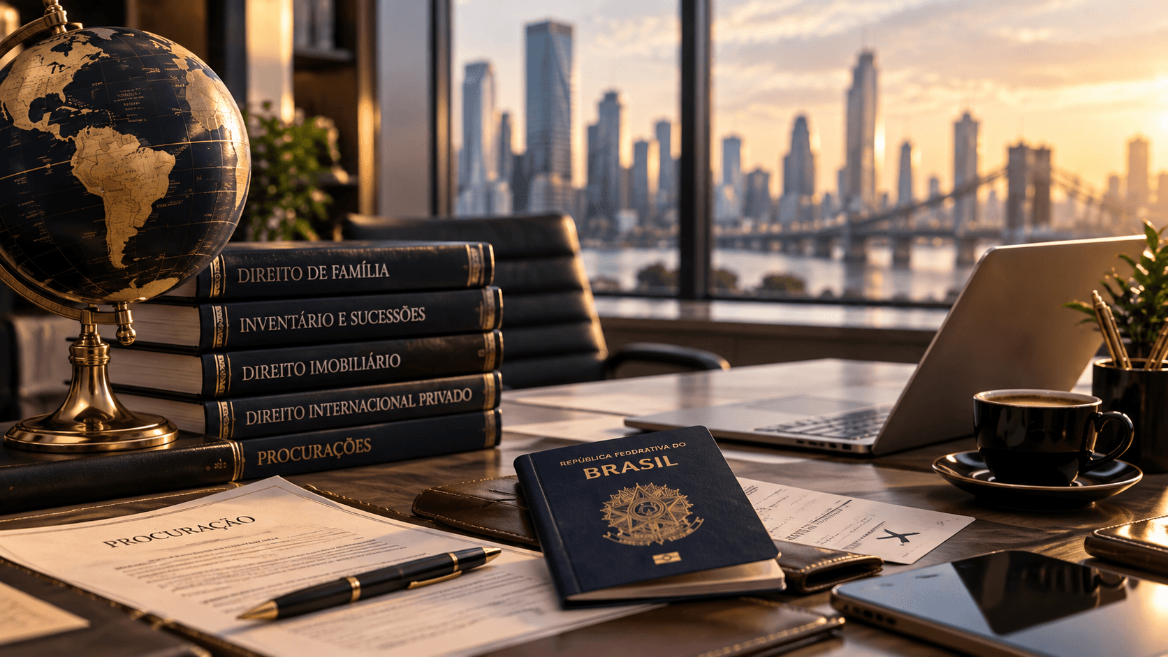 Composição ilustrativa com passaporte brasileiro, livros de Direito e notebook
